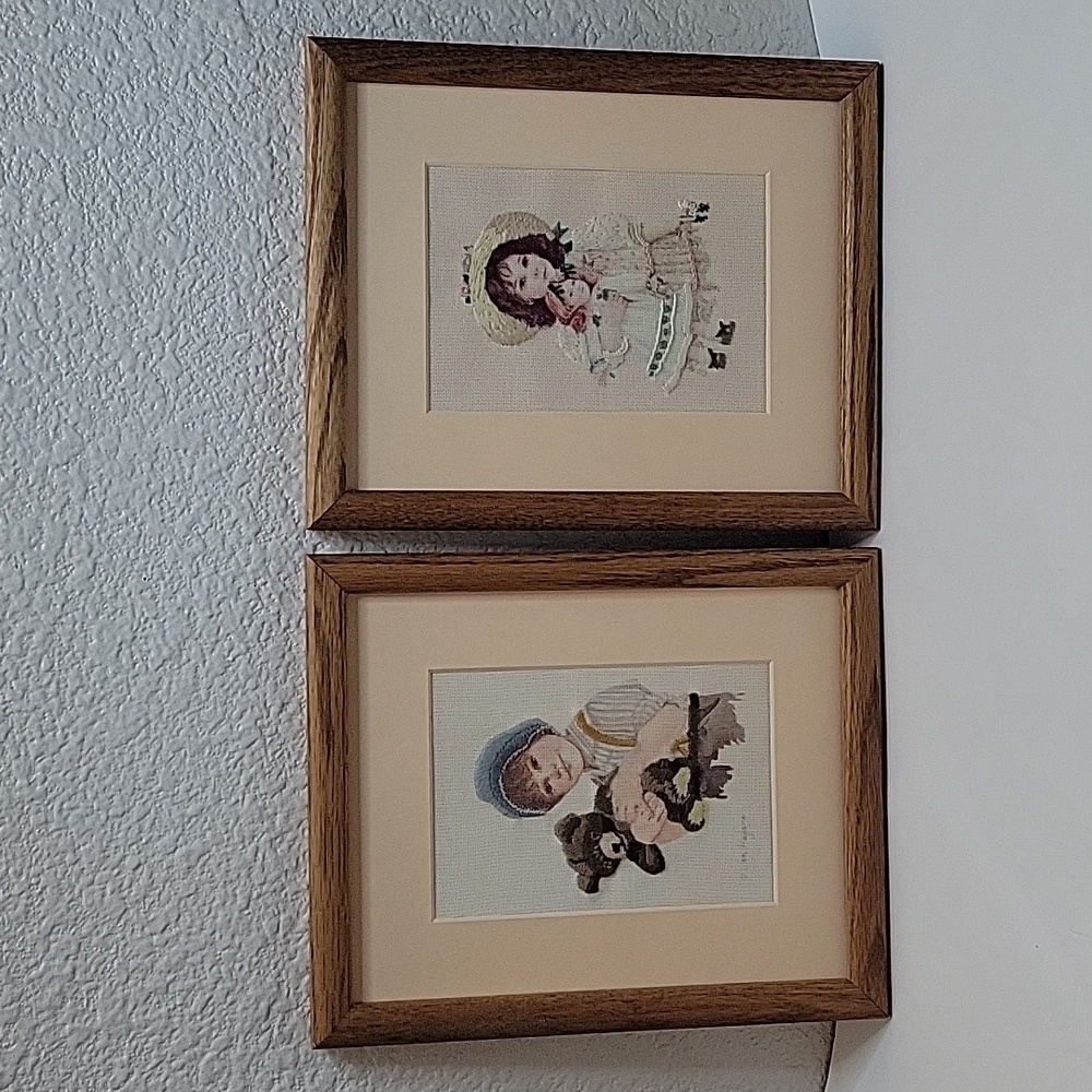 Lot of 2 Jan Hagara Cross Stitch Completed, Wall Hanging Art 11" x 9" Framed